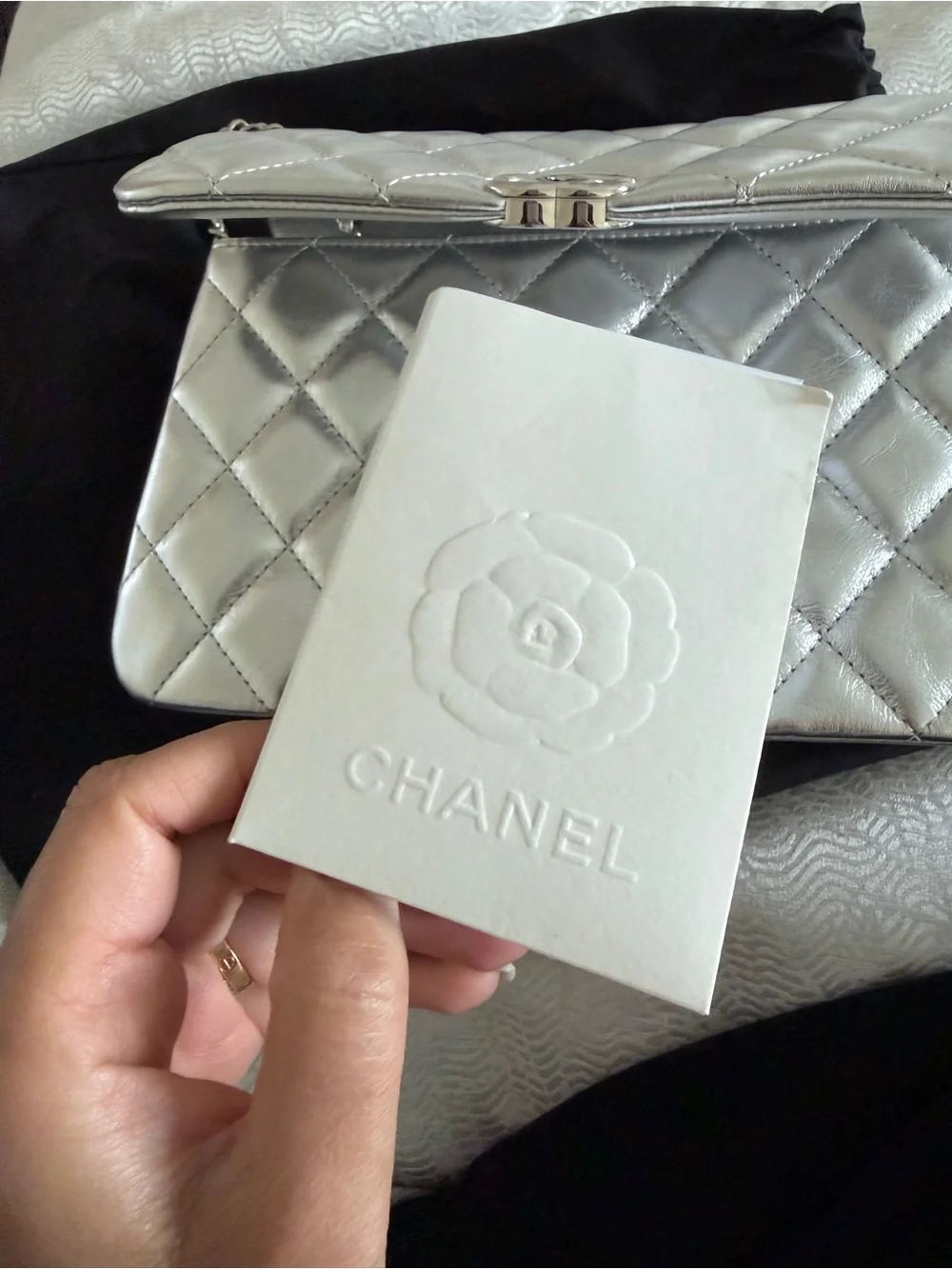 CHANEL Silver Quilted Lambskin Flap Bag with original pouch
